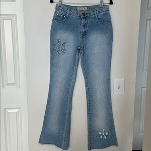 Y2K Zana Di Low Waist Flare Distressed‎ Festival Denim Jeans 28 Floral Broderie